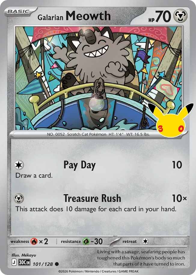 Object Card Pack Galarian Meowth #101/128 Price - 30th Celebration | Pack Magik